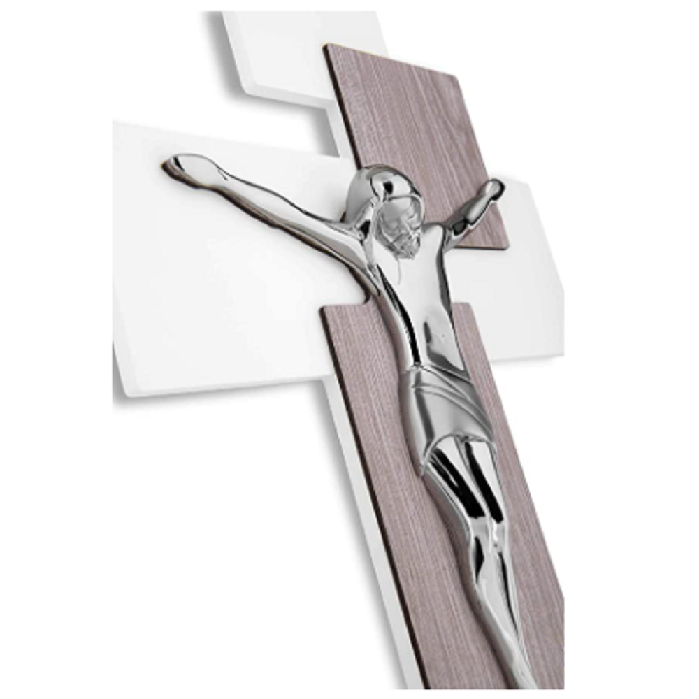 Crocefisso INRI Da Parete In Legno Di Noce E Metallo Placcato Argento – Artigianato Italiano, Misure 18x10x2,7 Cm
