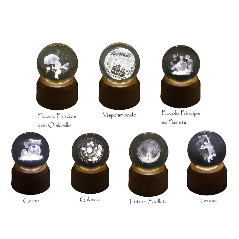 Sfere Luminose su Base Rotativa in Legno Grezzo
